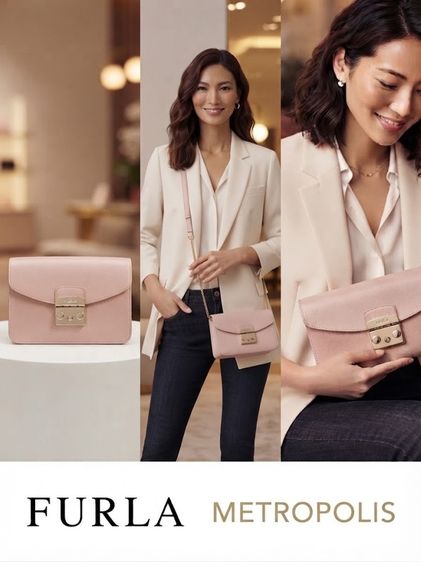หนังแท้ หญิง ชมพู กระเป๋า Used Furla Metropolis Crossbody Bag แท้ 💯