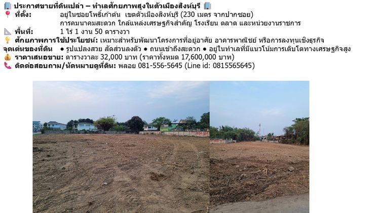 ประกาศขายที่ดินเปล่า – ทำเลศักยภาพสูงในตัวเมืองสิงห์บุรี