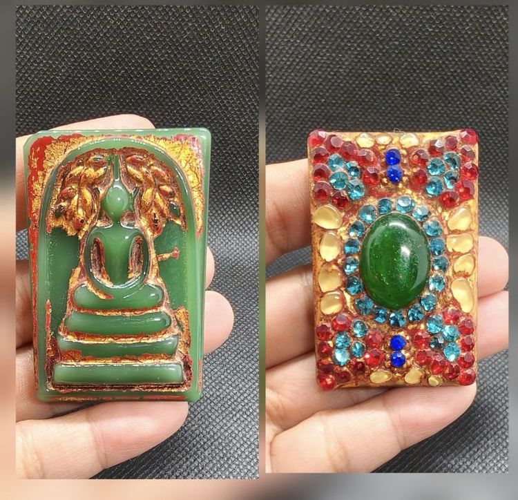 พระสมเด็จปรกโพธิ์ สีเขียวหยก หลังฝังพลอยคริสตัลหลากสี วัตถุมงคลเสริมโชคลาภ เมตตามหานิยม ของสะสม บูชาสิริมงคล