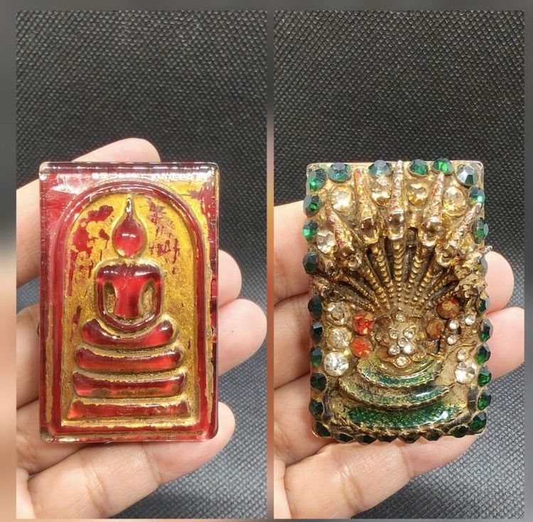 พระสมเด็จเนื้อแก้วแดงลงรักปิดทอง พระนาคปรกเจ็ดเศียรประดับพลอยมงคล ของสะสมโบราณ งานพุทธศิลป์เก่า