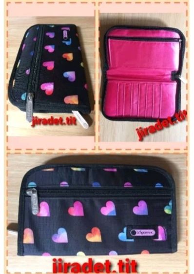 กระเป๋าสตางค์ LESPORTSAC แบบมีซิปรูดปิด-เปิดรอบใบ ขนาดกระเป๋า 13×22×2.5 cm. กระเป๋าสีดำลายหัวใจหลากสี สินค้าคัดจากโกดังญี่ปุ่น (Limited)