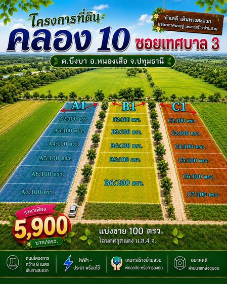 ขายที่ดิน คลอง 10 ซอยเทศบาล 3 ต.บึงบา อ.หนองเสือ จ.ปทุมธานี รูปที่ 2