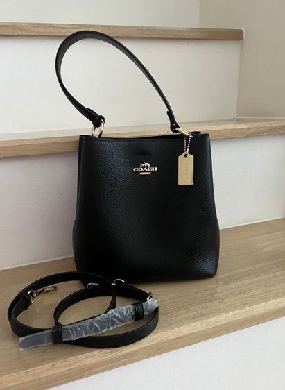 หนังแท้ หญิง ดำ กระเป๋า Coach Bucket Pebbled Leather Bag