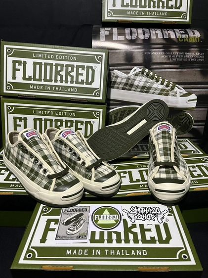 รองเท้าในภาพคือรุ่น FLOORRED EP.29 Camo ลายสก็อตสีเขียวขี้ม้า/เขียวฟอเรสท์ (Limited Edition 2026) แบรนด์สัญชาติไทย Floorredรายละเอียดสินค้าชื่อรุ่น: FLOORRED EP.2