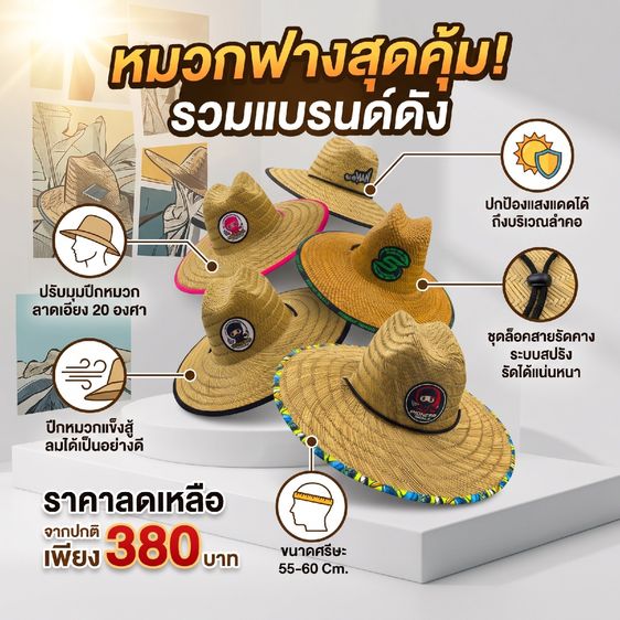 หมวกฟางตกปลา แค้มปิ้ง เที่ยวกลางแจ้ง มีตัวล็อกไม่ให้ปลิวตามลม