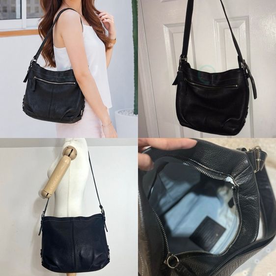ดำ COACH F15064 Black Hobo Leather Shoulder Bag